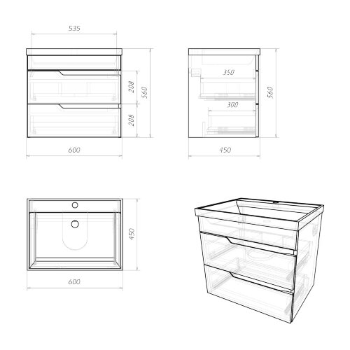 Комплект тумба Итана Sky 60 600х450х560 подвесная, с раковиной Clarissa 60, белый глянец (CS00092793