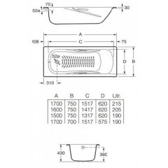 Ванна стальная Roca PRINCESS 150х75, противоскользящее покрытие