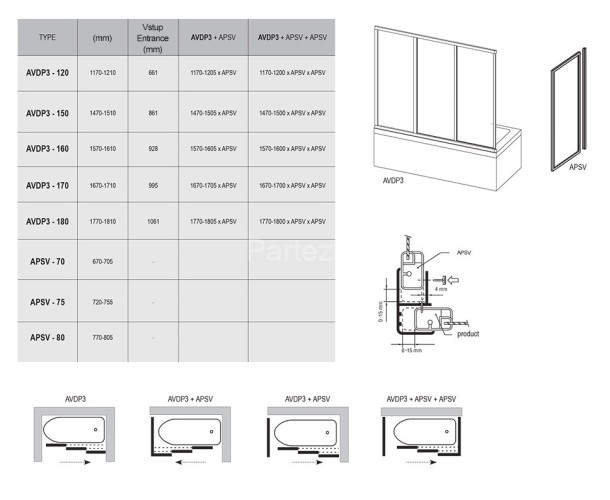 Шторка для ванны раздвижная Ravak AVDP3 170х138 цвет профиля белый (40VV0102Z1)
