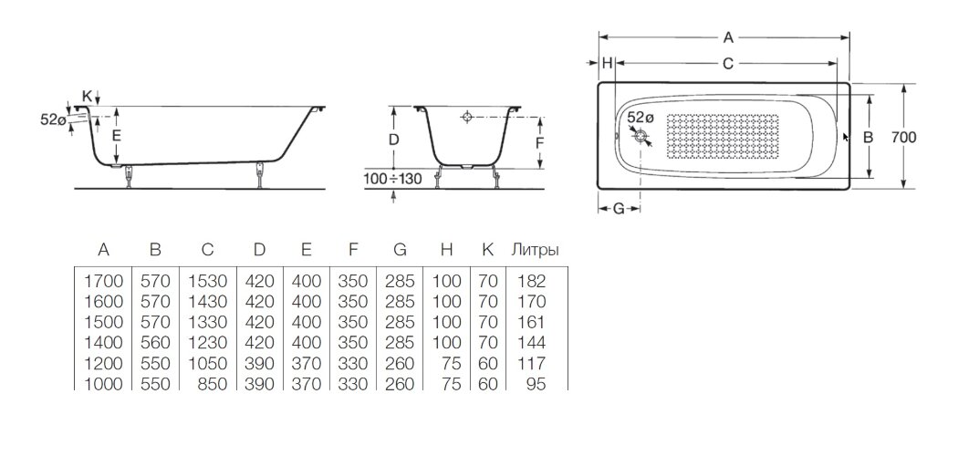 Ванна чугунная  Roca CONTINENTAL 150х70, противоскользящее покрытие