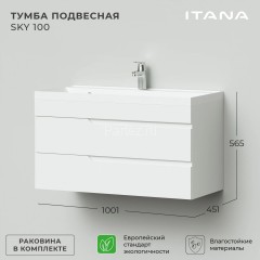 Комплект тумба Итана Sky 100 (1001х451х520) подвесная, с раковиной Clarissa 100, белый глянец (CS000