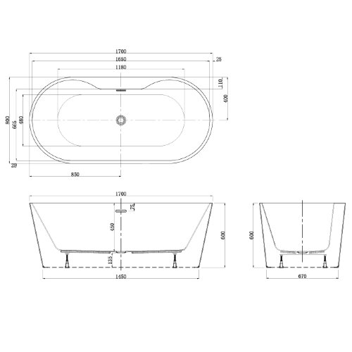 Ванна акриловая Azario BRISTOL 1700х800х580 свободностоящая с полкой для установки смесителя (BRI170