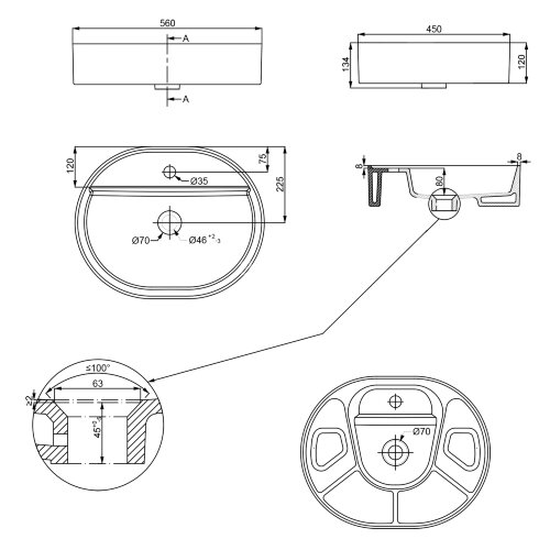 Раковина-чаша Creo Ceramique 560х450х120 накладная, овальная, керамика, белый матовый (PU4500MRMWH)