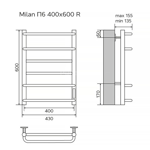 Полотенцесушитель электрический AZARIO MILAN 400/600 6 секций, диммер справа, хром (AZ90846)